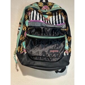 Jansport Baroque Print Backpack Black Gold Chain Greek Key Striped Bookbag Mens